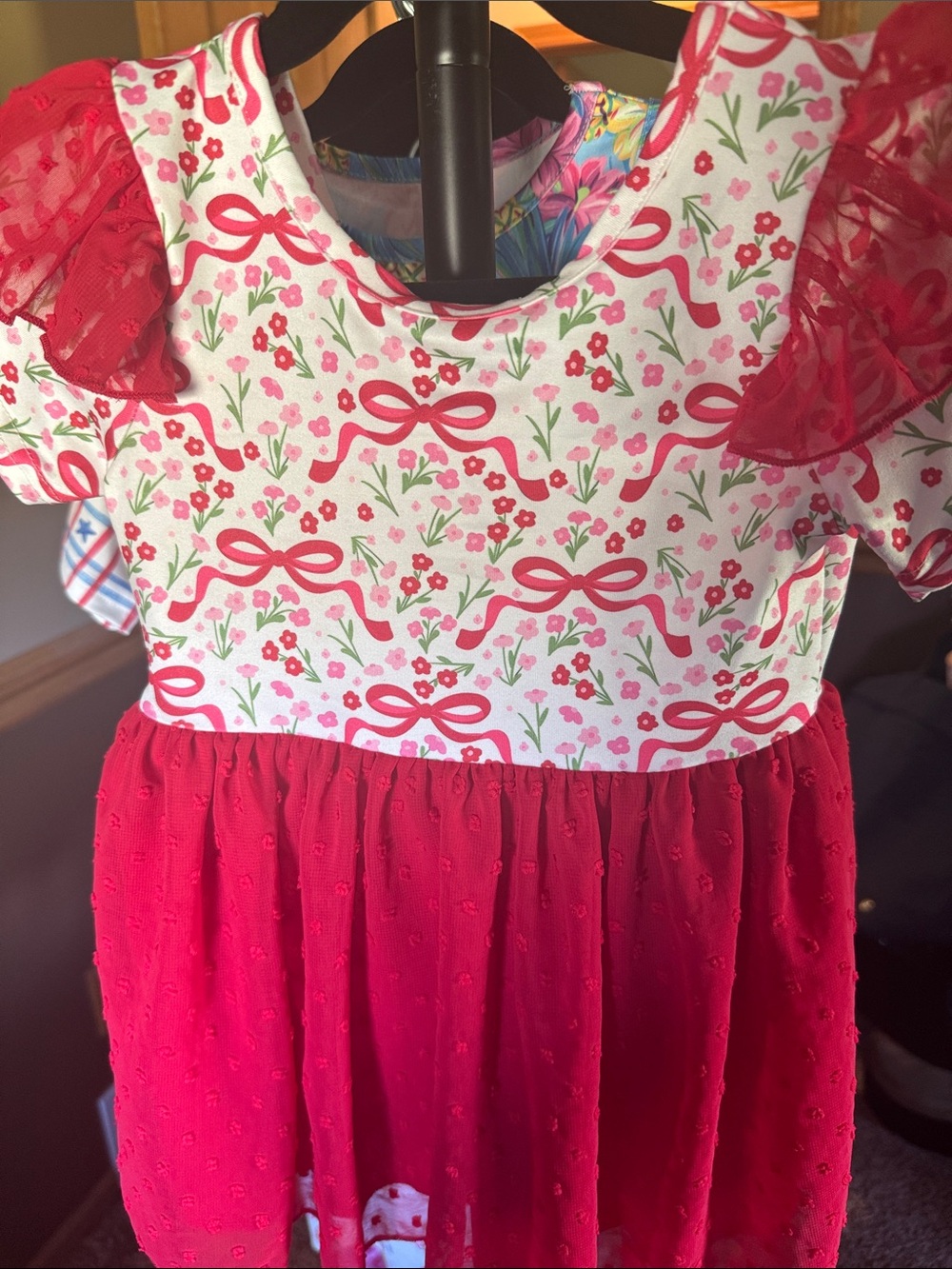 Girls Red Floral Bow-Print Casual Dress with Ruffle Sleeves